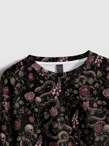 ROMWE Goth Snake Mori Style Morning Glory Ditsy Floral Cute Round Neck Autumn Winter Spring Long Sleeve Women's Sweatshirt - Black - View 4