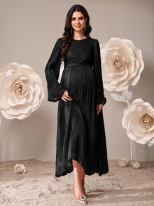 SHEIN 孕婦純色圓領抓皺優雅長袖洋裝 秋季 - 黑色 - 查看 5