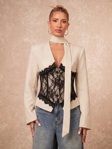 Lumalex Women's Elegant Commute Black & White Color Block Black Lace Design Blazer Jacket, Autumn Style,Teacher - Apricot - View 8