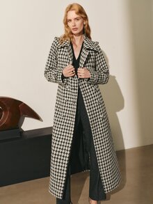 MOTF PREMIUM WOMEN'S AUTUMN/WINTER WOOL HOUNDSTOOTH TRENCH COAT WOOL OVERCOAT JACKET - Black and White - View 6