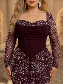 Glamrae Plus Size Elegant Luxury New Beaded Sequin Embroidered Lace Bubble Patchwork Elastic Knit Ruched Mermaid Dress With Puff Sleeves, Suitable For Wedding Events, Bachelorette Party, Vacation, Prom, Evening Gown (Intricate Design) - Burgundy - View 6
