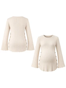 Moonlight&Mama Maternity Ribbed Long Sleeve Top And Adjustable Waist Pants Loungewear Set - Khaki - View 6
