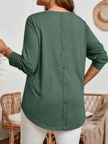 EMERY ROSE Plus Size Fall Women Solid Round Neck Long Sleeve Casual T-Shirt,Spring/Summer/Vacation - Dark Green - View 2