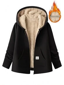 SHEIN Clasi 大尺碼女款字母刺繡拉鍊連帽休閒外套，保暖內裡，冬季穿著 - 彩色 - 查看 1