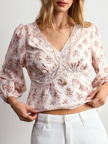 Willow Rêve Women's Cream Floral Lace Patchwork Puff Long Sleeve Top - Cream - View 8
