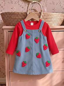 SHEIN Baby Girl Casual Comfortable Daily Versatile Red Long Sleeve Top With Fuzzy Strawberry Patchwork Overall Dress Set - Multicolor - View 8
