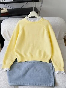 SHEIN Tween Girl CasualPullover Sweater, Elegant Embroidery Lace Trim Heart Embroidery Loose Raglan Sleeve Pullover Sweater, Soft Comfortable Thickened - Yellow - View 7