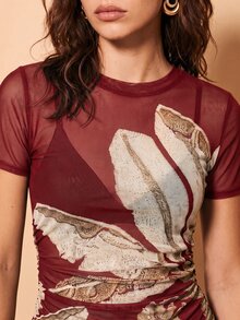 CAJUNI Chic Vacation Golden Palm Embroidery Mesh Top - Red - View 1