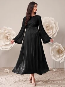 SHEIN 孕婦純色圓領抓皺優雅長袖洋裝 秋季 - 黑色 - 查看 3