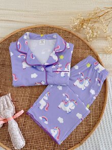 SHEIN 女嬰卡通印花上衣與長褲居家服套裝 - 紫色 - 查看 5