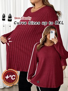 SHEIN CURVE+ تي شيرت نسائي مقاس كبير بتفاصيل ختم الحروف المدمجة باللون الفيروزي للخريف - عنابي اللون - مشاهدة 10