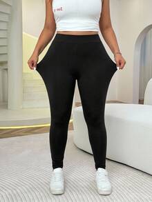 Solflare Casual Minimalist Plus Size Black Leggings Suitable For Summer - Black - View 3