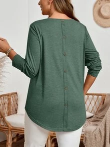 EMERY ROSE Plus Size Fall Women Solid Round Neck Long Sleeve Casual T-Shirt,Spring/Summer/Vacation - Dark Green - View 6