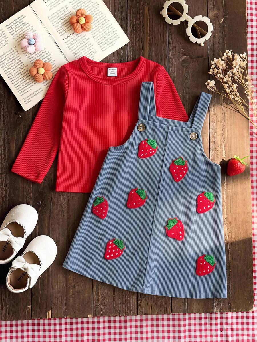 SHEIN Baby Girl Casual Comfortable Daily Versatile Red Long Sleeve Top With Fuzzy Strawberry Patchwork Overall Dress Set - Multicolor - View 1