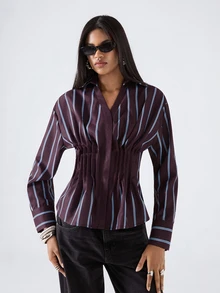 LYSMO Women's Dark Purple Cinched Waist Pleated Design Fashion Casual Smart Casual Elegant Shirt Office Brunch - Brown - View 3
