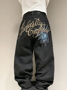 STEELVANCE 男士做舊水洗後口袋字母自由女神像印花設計寬鬆直筒寬腿休閒街頭風牛仔長褲（不含腰帶與配件） - 黑色 - 查看 2