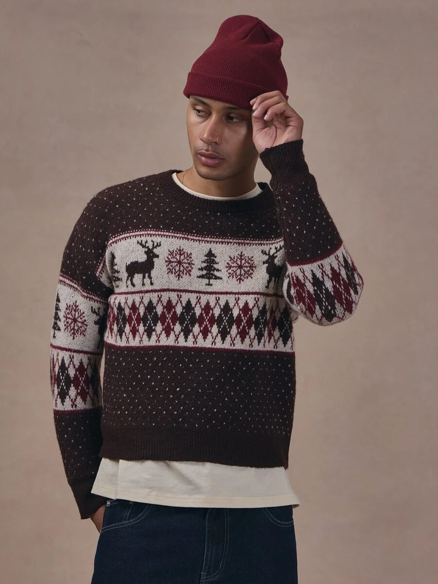 Musero Oversized Drop Shoulder Polka Intarsia Knit Brushed Sweater Autum Winter Christmas Essentials - Multicolor - View 1