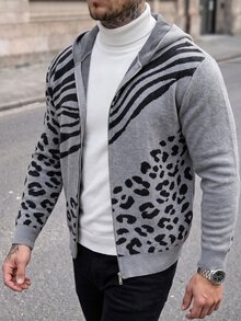 Manfinity CasualCool Men's Hooded Zip-Up Knit Cardigan, Colorblock Patchwork Leopard & Zebra Print Mixed Short Casual Sweater Jacket - Grey - View 1