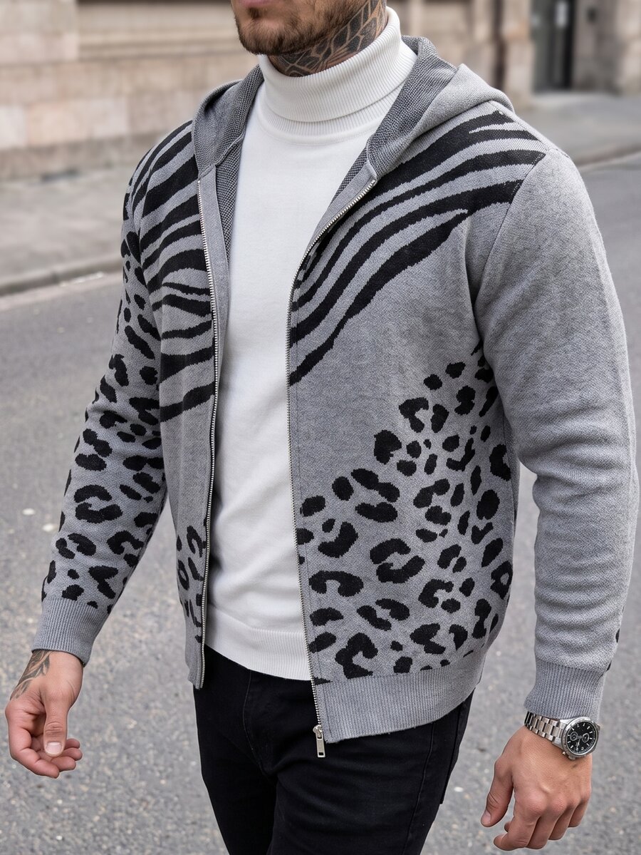 Manfinity CasualCool Men's Hooded Zip-Up Knit Cardigan, Colorblock Patchwork Leopard & Zebra Print Mixed Short Casual Sweater Jacket - Grey - View 1