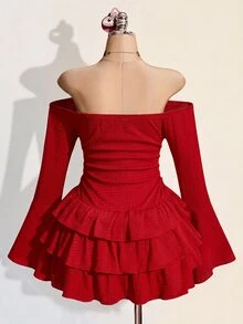 SHEIN ICON 女款純色抓皺露肩休閒派對迷你洋裝 - 紅色 - 查看 2