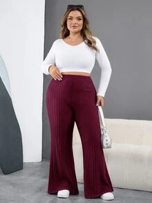 SHEIN CURVE+ 大尺碼女款黑色羅紋喇叭褲，秋冬季 - 酒紅色 - 查看 7