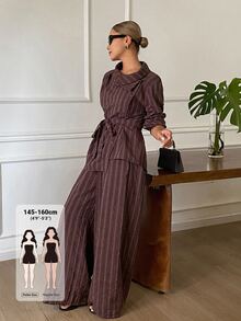 Livesso Petite Women's Button-Up Long Sleeve Shirt And Striped Long Pants 2 Pieces Set - Brown - View 1