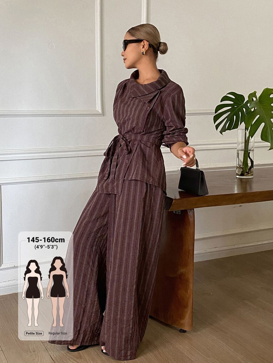 Livesso Petite Women's Button-Up Long Sleeve Shirt And Striped Long Pants 2 Pieces Set - Brown - View 1