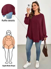 Shapeblank Plus Size Women's Spring/Autumn Fashion Casual Loose Comfortable Daily Basic Versatile Slimming Ruffle Hem Black Long Sleeve Shirt, - Burgundy - View 2