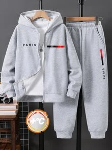 SHEIN 2件組兒童青少年男孩休閒運動學院風百搭巴黎字母印花灰色連帽外套與長褲套裝，適合通勤、上學、日常休閒、度假、旅行、運動，秋冬款 - 灰色 - 查看 2