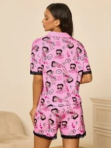 Betty Boop x SHEIN Women's Short Sleeve Contrast Lace Single-Breasted Top And Shorts Pajama Set - Pink - View 2