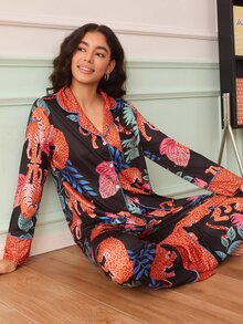 Chillnights Young Fashion Leopard & Leaf Print Contrast Leopard Pattern Lapel Open Front Long Sleeve Long Pants Women's Pajama Set - Multicolor - View 5