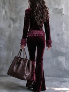 Breezaya Burgundy Velvet & Lace Ruffle 2 Pieces Set, Autumn Vintage Evening / Date Outfit - Burgundy - View 2