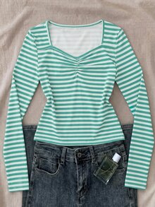 SHEIN 青少年女孩棕色與白色波點抓皺胸部修身長袖百搭學院風極簡街頭風T恤 - 彩色 - 查看 1