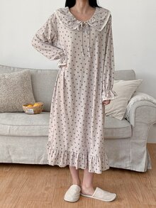 DAZY Women's Lace Patchwork Sweet Heart-Shaped Striped Pattern Loose Long Sleeve Dress Nightgown - Purple - View 8