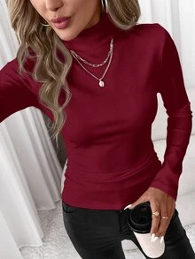 SHEIN Clasi 酒紅色女款休閒高領修身長袖T恤，適合秋冬，百搭百用 - 酒紅色 - 查看 3