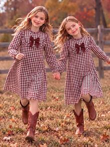 Girls Gingham Ruffle Collar Dress With Big Bow Long Sleeve Stand Neck Autumn Winter Plaid A-Line Preppy Sweet Style Dresses - Burgundy - View 4