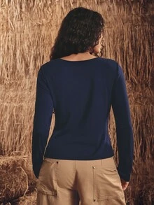 SHEIN The Lady's Autumn And Winter Long-Sleeve Shirt Has A Three-Dimensional Geometric Pattern Embroidery From The Collar To The Buttonhole, White And Blue - Navy Blue - View 2