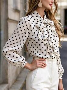 RosyDaze Women's Tie Neck Polka Dot Casual Versatile Top - Black - View 5