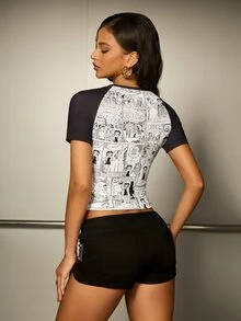 Betty Boop x SHEIN Women's Cartoon Pattern Color Block Casual Daily Short Sleeve T-Shirt - Burgundy - View 2