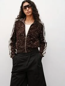 Maija Jaket Wanita Berpayet Bergaris Warna Blok dengan Resleting - Coklat - View 6