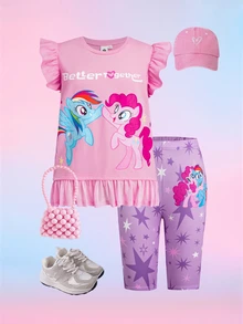 My Little Pony X SHEIN Tween Girl Letter Cartoon Print T-Shirt And Shorts Casual Daily Outfit Set - Pink - View 2