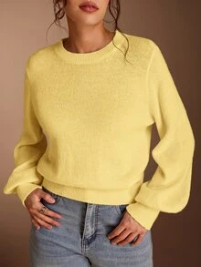 SHEIN BASICS 女款休閒百搭米白色圓領長袖針織毛衣，秋季女裝，適合上班、日常、居家、辦公室穿搭 - 淡黃色 - 查看 6