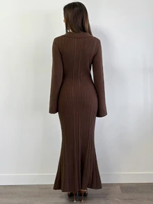 Aloruh Women Sweater Dresses,Autumn,Winter - Brown - View 2
