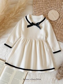 Cozy Pixies 嬰兒/幼兒（女童）優雅學院風女寶配色條紋水手領 3D 蝴蝶結針織毛衣秋季洋裝 - 白色 - 查看 8