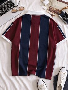 Manfinity EMRG 男士 Los Angeles 1876 印花 Polo 衫，酒紅與海軍藍垂直條紋，短袖休閒學院風上衣，復古氛圍 - 彩色 - 查看 7