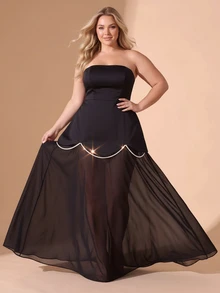 Cravure Plus Size Elegant Faux Pearl Decor Strapless Dress - Black - View 5