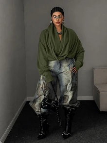 Maweii European And American Hot Girl Style Ruched Criss-Cross Wrap Neck Cropped Sweatshirt, Solid Color Drop Shoulder Long Sleeve Exposed Midriff Top Fall - Army Green - View 3
