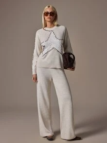 SHEIN طقم كنزة ناعمة بأكمام طويلة مطرزة بالنجوم مع دانتيل وغرزة وبنطال كنزة 2 قطعة متناسق - لون مشمشي - مشاهدة 6