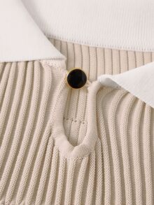 Muvela Women's Cream Ribbed Knit Polo Sweater – Elegant Collared Long Sleeve Pullover Top Chic Basic Christmas Back To School Festival New Year Party - Apricot - View 8
