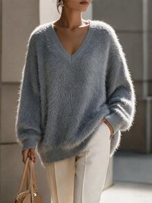 Penseblé Women's Solid Color V-Neck Casual Daily Long Sleeve Sweater - Grey - View 1
